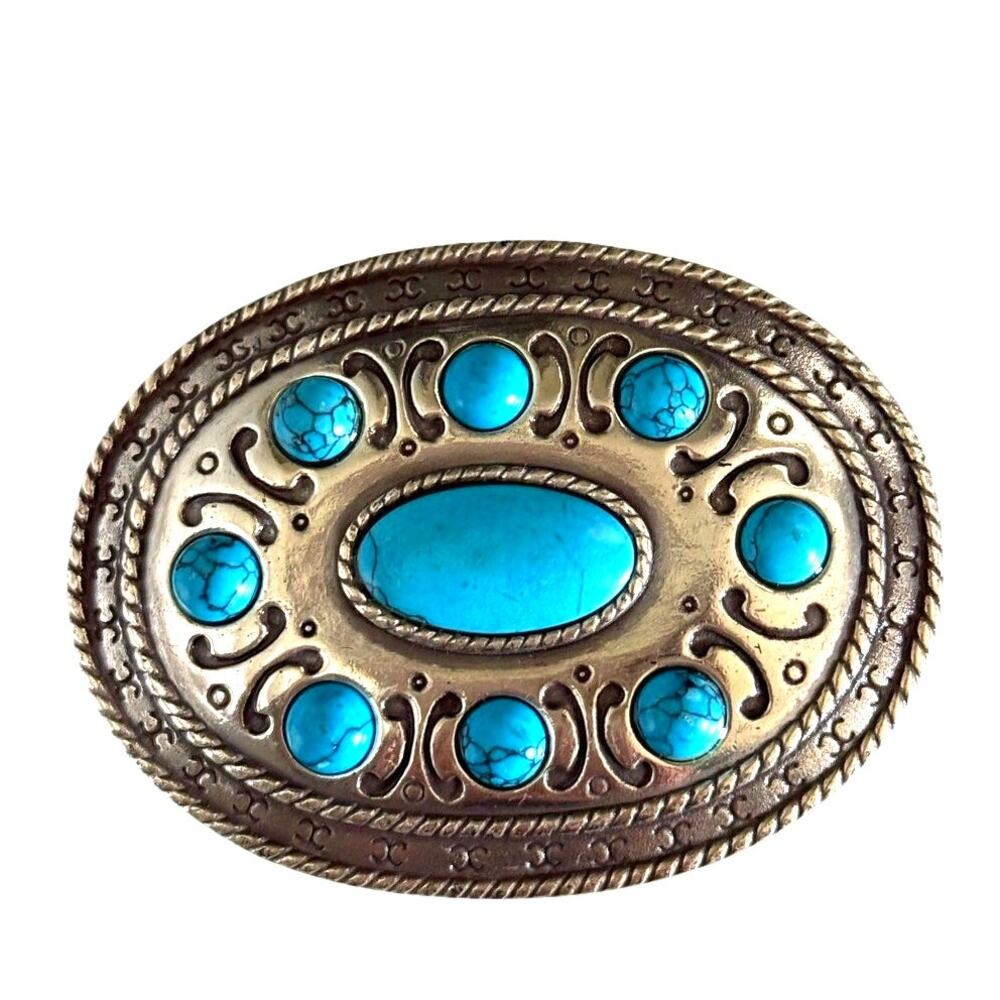 Southwestern Turquoise/Howlite Belt Buckle Silvertone Western Cowgirl Boho